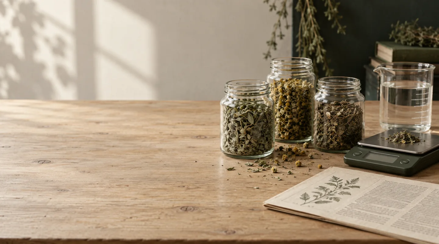 Barattoli di vetro con erbe sfuse essiccate, bilancia da cucina e beuta graduata su un tavolo di legno chiaro
